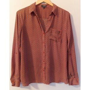The Limited Blouse Womens L Button Front Roll Tab Sleeve Red Orange Chiffon